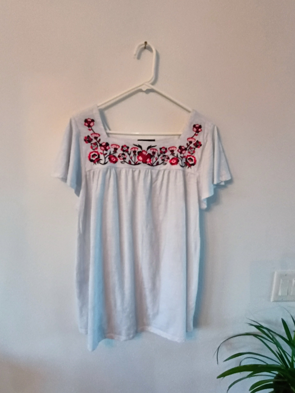 Lane Bryant 18/20 White Floral Embroidered Boho Peasant Top Square Neck